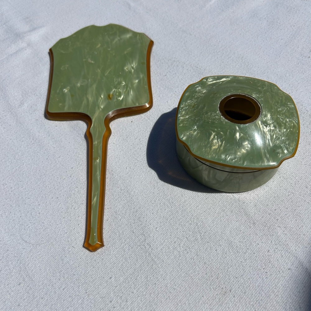 1920’s Windsor Arch Amerith Celluloid Amber Green Hand Mirror